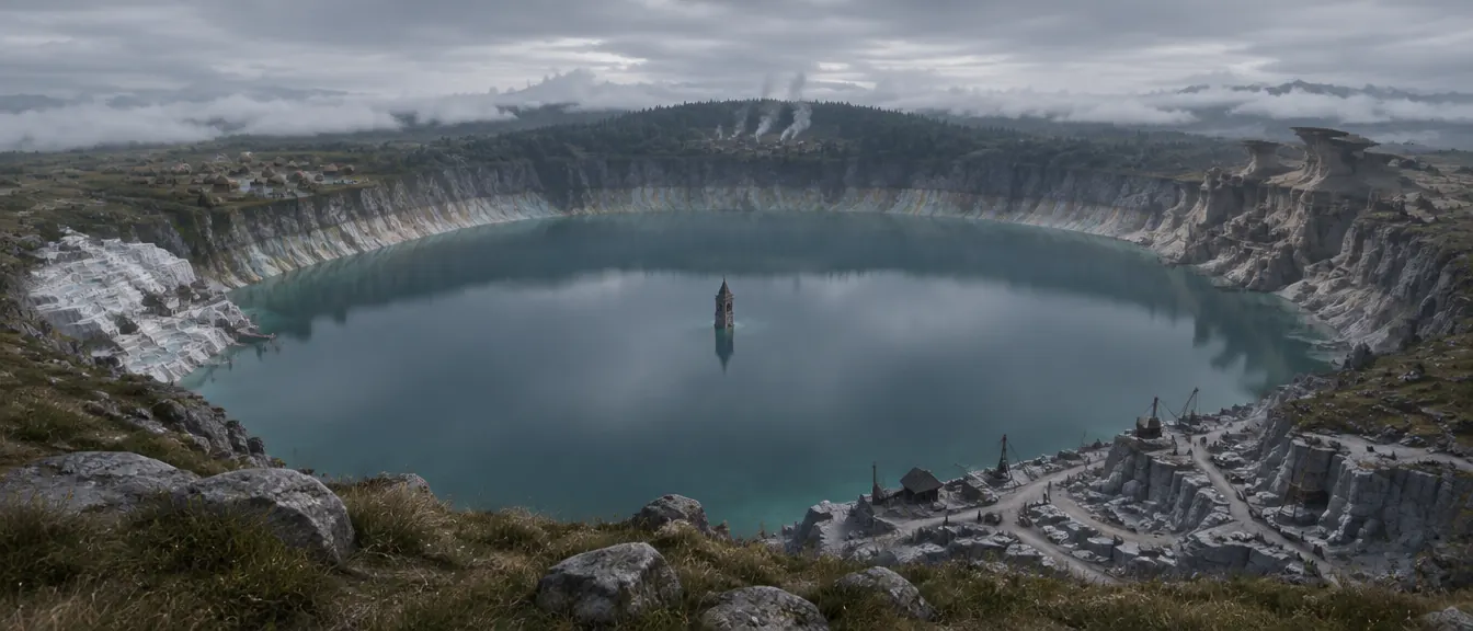 Kawah Halvoren penuh air pirus kelabu dilihat dari tepi selatan; hanya puncak satu menara jam yang menyembul di tengah danau.